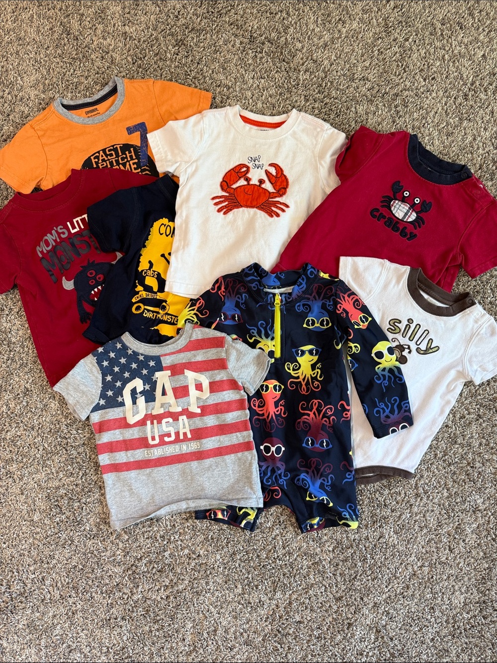 GAP and Gymboree Toddler Graphic Tee & Romper Bundle - Red, White, Navy, Orange